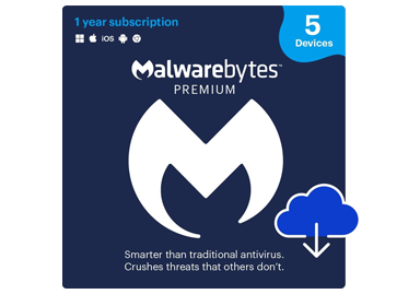 Malwarebytes Premium for 5 devices, 1 year subscription. Multi-device for PC, Mac, Android. Your comprehensive defense against established and emerging threats. Malwarebytes Premium is an antivirus replacement, protecting you and your devices from malware, ransomware, viruses, adware, spyware, malicious websites, and more. It can identify threats no one has ever seen before, so you are protected from tomorrows online threats today.