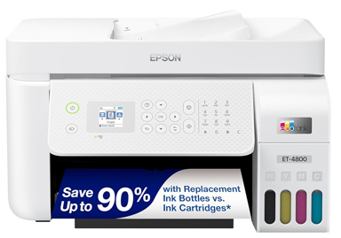 Epson EcoTank ET-4800 Wireless All-in-One Cartridge-Free Supertank Printer with Scanner, Copier, Fax, ADF, Automatic Document Feeder, Ethernet, Ideal for Your Home or Business, White